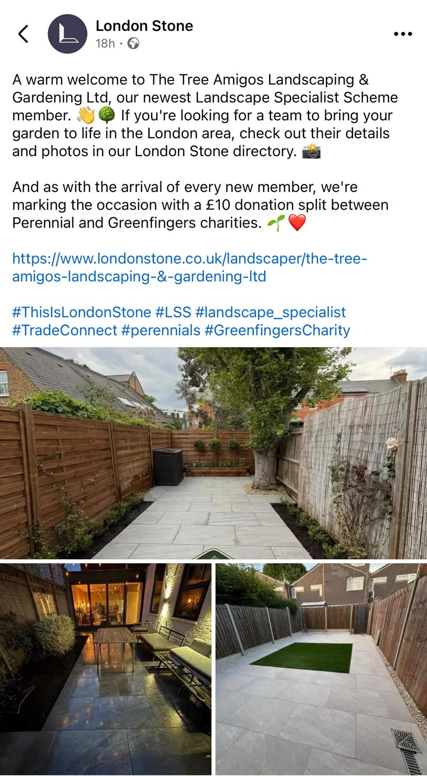 London Stone social media post welcoming The Tree Amigos Landscaping & Gardening Ltd as a new Landscape Specialist Scheme member